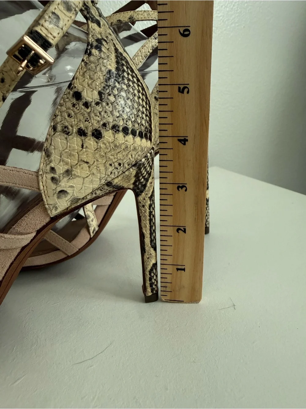 BCBGMaxAzria Nude Taupe Strappy High Heel Sandals with Snake-Print Trim